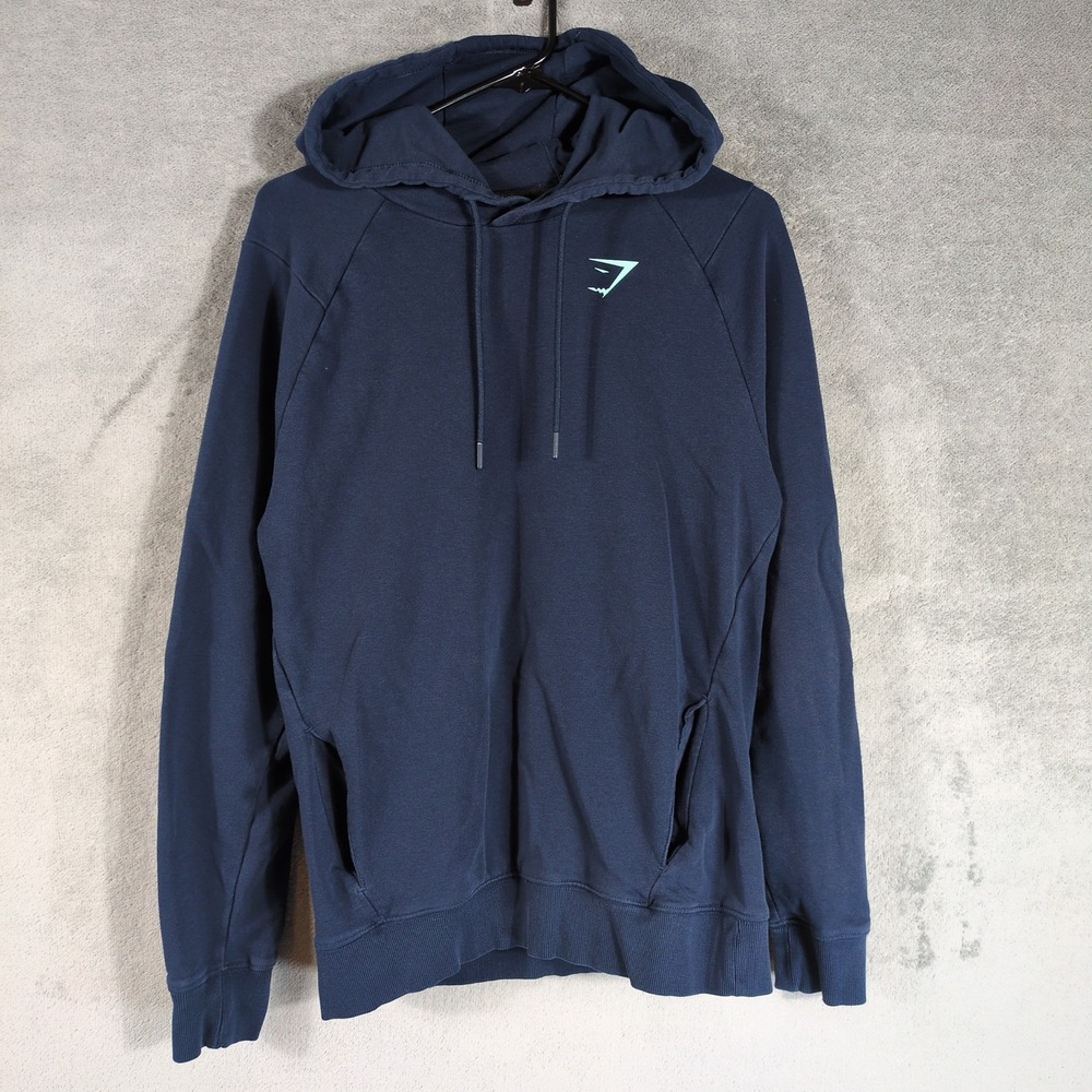 Gymshark Womens Navy Blue Pullover Hoodie Teal Graphic Back Size S Flaws